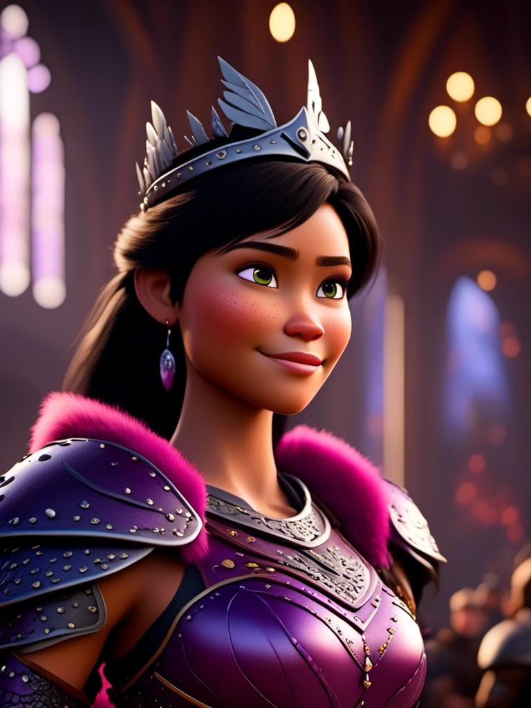 Prompt: <mymodel>CGI Animation, digital art, 20-year-old-old viking woman of royalty standing in The Great Hall on the Isle of Berk, {{purple gear, pink armor}}, black hair, straight hair with a tiara, subtle smile, unreal engine 8k octane, 3d lighting, close up camera shot on the face, full armor