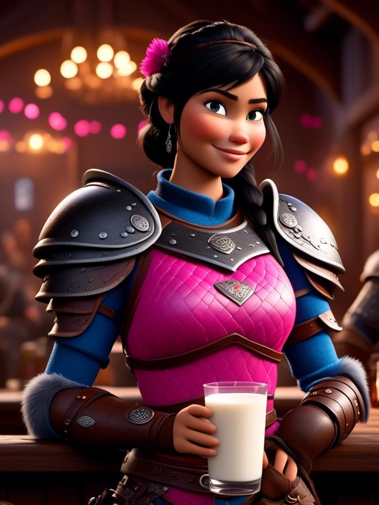 Prompt: <mymodel>CGI Animation, digital art, 20-year-old-old viking woman of royalty standing a busy tavern having a drink of milk, {{pink gear, blue armor}}, black hair, straight hair with a tiara, subtle smile, unreal engine 8k octane, 3d lighting, close up camera shot on the face, full armor