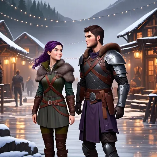 Prompt: <mymodel>{{{{Annabeth has gold armor and black gear}}}}, Photo of  standing in a viking village during heavy rain fall with his wife Annabeth, Annabeth is slightly shorter and has purple hair with a single hair braid down her shoulder, they are both in their early 30s, they are both wearing fur capes and fur hoods to keep warm