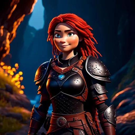 Prompt: <mymodel>CGI animation, 40-year-old woman, red hair, dreadlocks, braids, light blue eyes, black gear, black armor, standing in a shadowy cave, cinematic lighting