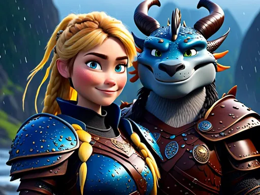 Prompt: <mymodel>CGi Animation, 20-year-old viking woman with blue eyes, a rainy scene, she is standing next to a bright blue dragon with gold highlights, they are both in the rain, the viking woman has a subtle smile, blonde hair in a ponytail style, she has blue gear, gold armor, black pants, black boots