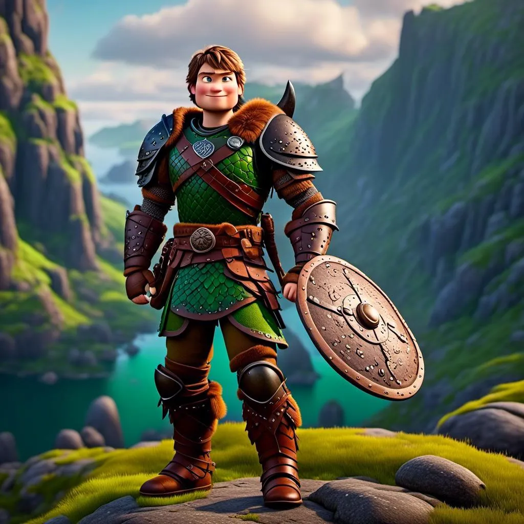 Prompt: <mymodel>Male viking warrior, standing on a cliff next to his green ((dragon)), short brown hair, green eyes, green armor, brown gear, brown pants, brown boots, historical, strong and natural lighting