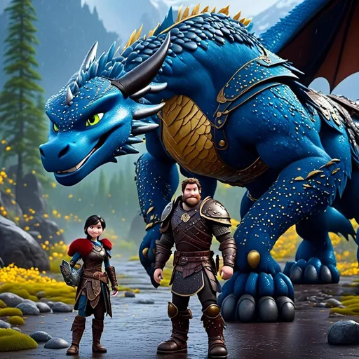 Prompt: <mymodel>CGi Animation, 20-year-old viking man with blue eyes, a rainy scene, he is standing next to a bright blue dragon with gold highlights, they are both in the rain, the viking man has a subtle smile, black hair, he has blue gear, gold armor, black pants, black boots