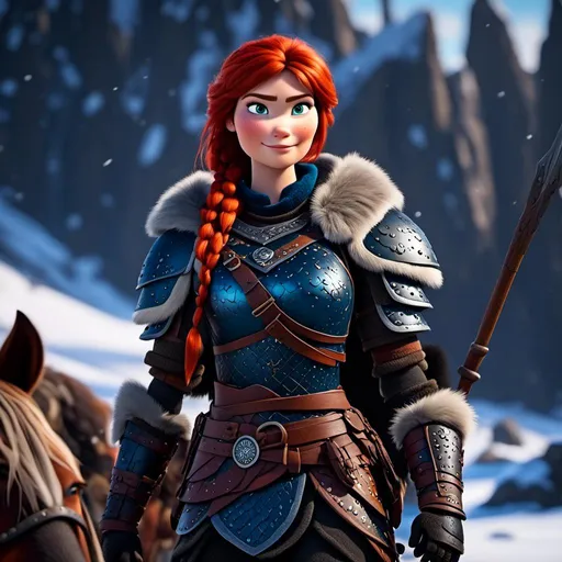 Prompt: <mymodel>CGi Animation, 25-year-old viking woman warrior with blue eyes, a snowy scene, the viking woman has a subtle smile, red hair, she has black gear, black armor, black textures, black pants, black boots