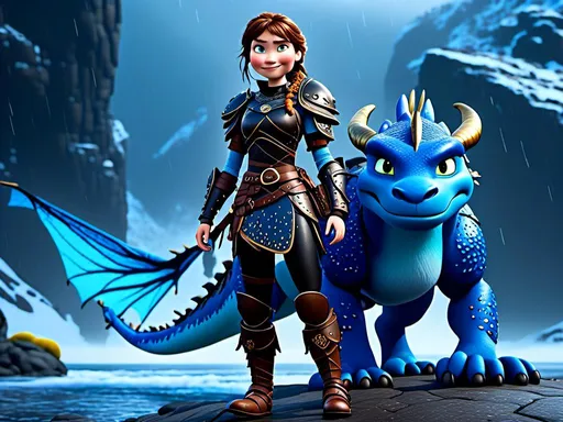 Prompt: <mymodel>CGi Animation, 20-year-old viking woman with blue eyes, a rainy scene, she is standing next to a bright blue dragon with gold highlights, they are both in the rain, the viking woman has a subtle smile, brunette hair in a two pony tail braids style, she has blue gear, gold armor, black pants, black boots