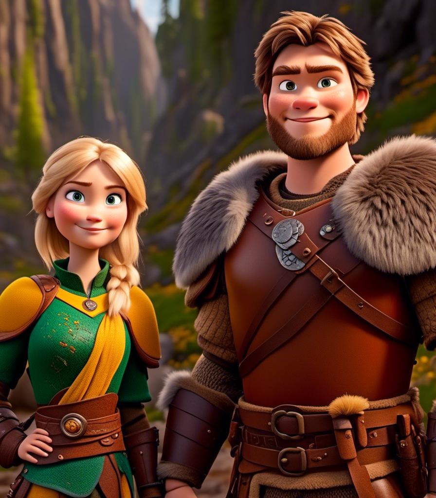 Prompt: <mymodel>CGI Animation, digital art, 20-year-old-old viking woman with light blue eyes standing with her older brother of brown hair and green eyes and young sister of brown hair and brown eyes, yellow clothes, gold colored armor, blonde straight hair, subtle smile, unreal engine 8k octane, 3d lighting, close up camera shot on the face, full armor