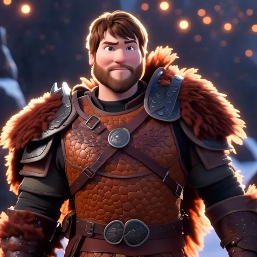 Prompt: <mymodel>Animated CGI style of a light build Caucasian Viking with brown hair, orange armor, maroon clothing textures, high quality, CGI, content gaze, viking, male, Caucasian, highres, professional, intense lighting