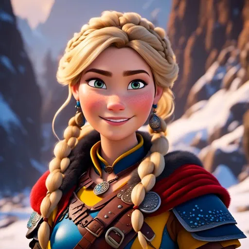Prompt: <mymodel>CGI Animation, close-up portrait of the face, 20-year-old-old pirate viking woman sitting on a snow bank, a snowy scene, {{yellow gear, blue armor}}, blonde hair, an updo style of hair with a faded buzz cut on the side of the head, subtle smile, beads hair, small red earrings, multiple braids, yellow gear, straight hair, green eyes, bracelets, rings on fingers, mercenary gear, unreal engine 8k octane, 3d lighting, close up camera shot on the face, full armor