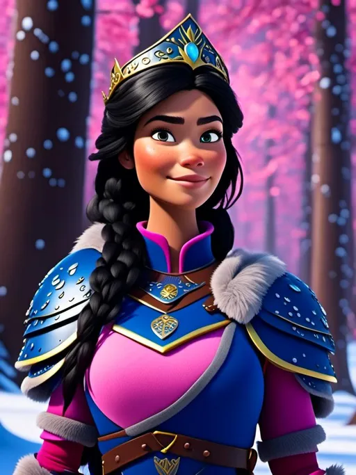 Prompt: <mymodel>CGI Animation, digital art, 20-year-old-old viking woman of royalty standing in the forest, a snowy scene, {{pink gear, blue armor}}, black hair, straight hair with a tiara, subtle smile, unreal engine 8k octane, 3d lighting, close up camera shot on the face, full armor