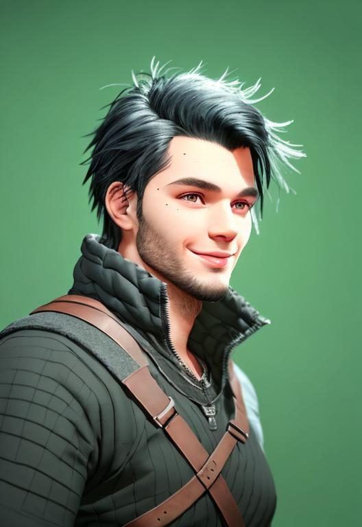 Prompt: Digital art, black hair, 22-year-old viking man, viking gear, medium-length black hair, black stubble beard, subtle smile, hazel eyes, yellow viking gear, adventurer, unreal engine 8k octane, 3d lighting