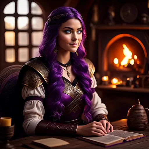 Prompt: Photo of <mymodel> casually relaxing sitting at a desk in her viking house, she has light blue eyes