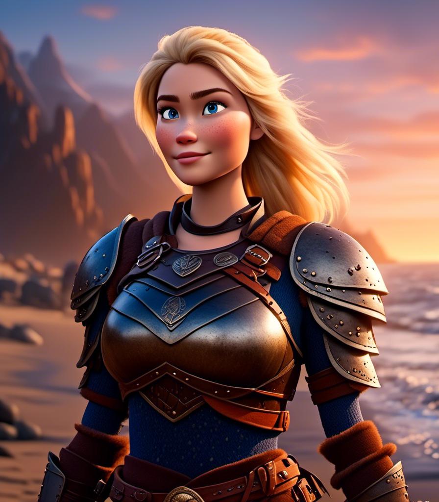 Prompt: <mymodel>CGI Animation, digital art, 20-year-old-old viking woman with blue eyes standing around several hot springs on a beach, blue clothes, blue colored armor, sunset lighting, blonde straight hair, subtle smile, unreal engine 8k octane, 3d lighting, cinematic lighting, camera shot of full armor from head to toe