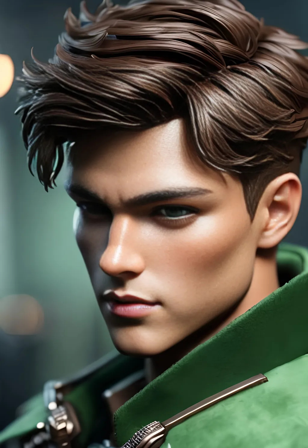 Prompt: he has short brown faux hawk hair, create most handsome fictional male prince viking warrior, short brown hair, light green eyes, extremely detailed environment, detailed background, intricate, detailed skin, professionally color graded, photorealism, 8k, moody lighting