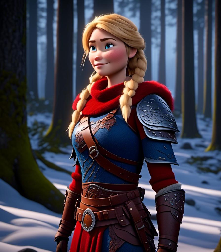 Prompt: <mymodel>CGI Animation, digital art, 20-year-old-old viking woman with light blue eyes standing in a dimly lit forest, blue clothes, red colored armor, blonde straight hair, subtle smile, unreal engine 8k octane, 3d lighting, full armor