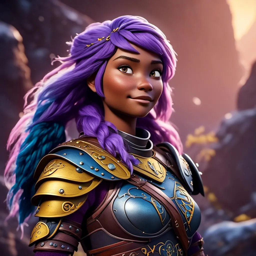 Prompt: <mymodel>CGI Animation of a viking female, purple hair, blue and yellow gear and armor, intricate details, high quality, digital painting, cool tones, dramatic lighting