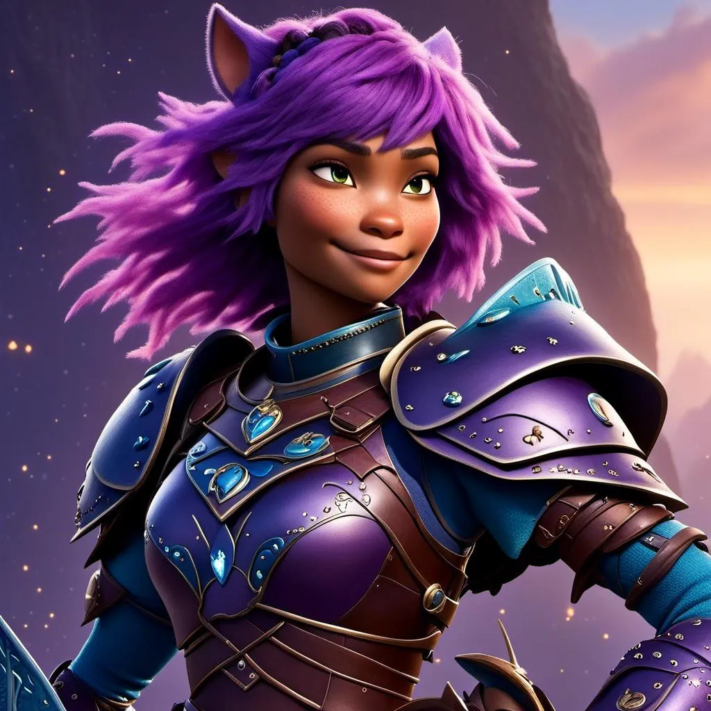 Prompt: a photo of <mymodel>, a caucasian viking female with purple hair and purple gear and armor with bursts of blue textures