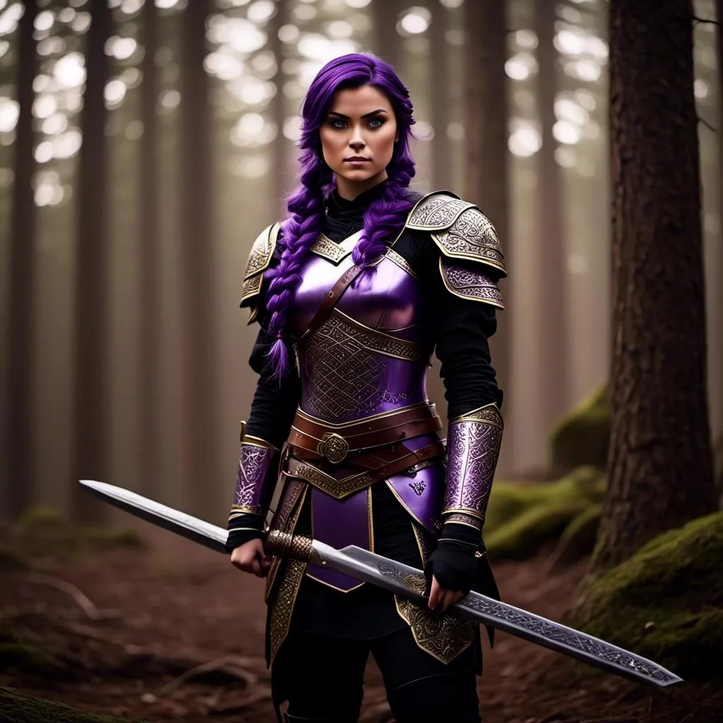 Prompt: Photo of <mymodel> with an angry look with her sword, she is standing in the forest