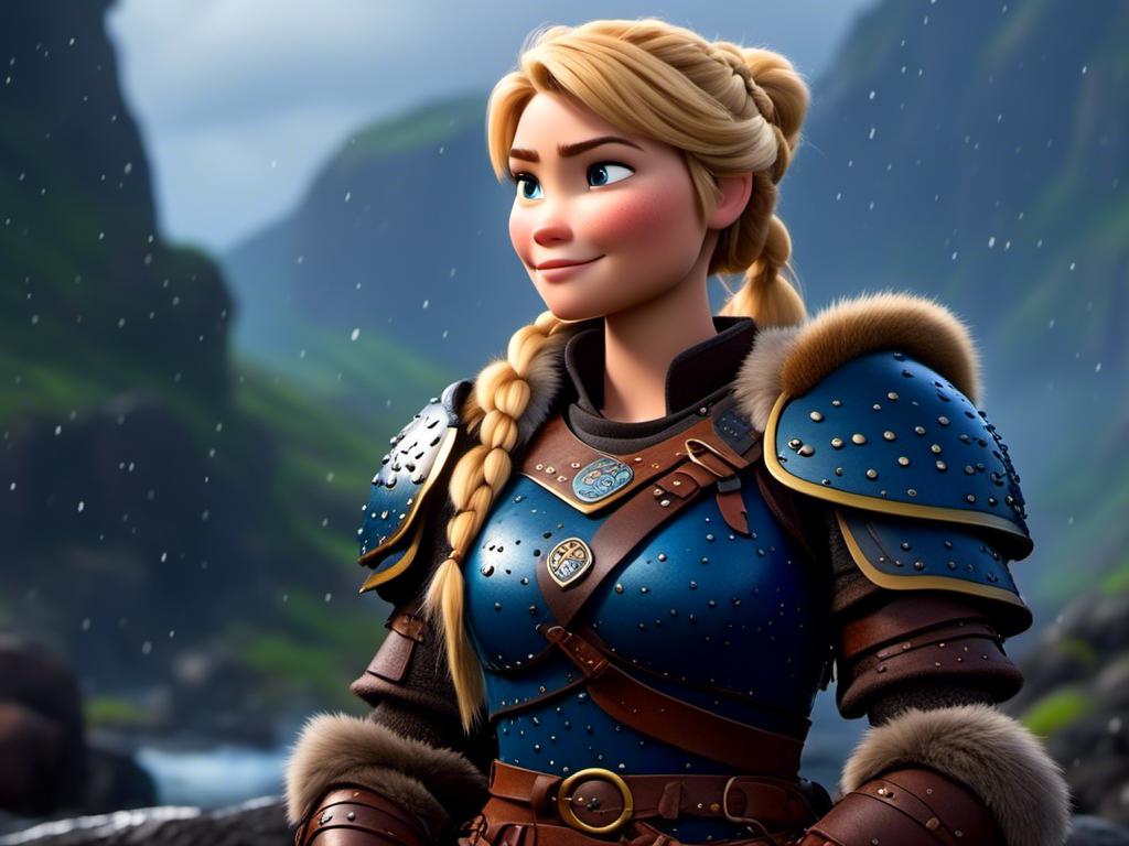 Prompt: <mymodel>CGi Animation, 20-year-old viking woman with blue eyes, a rainy scene, she is sitting in the rain, the viking woman has a subtle smile, blonde hair in a ponytail style, she has blue gear, gold armor, black pants, black boots