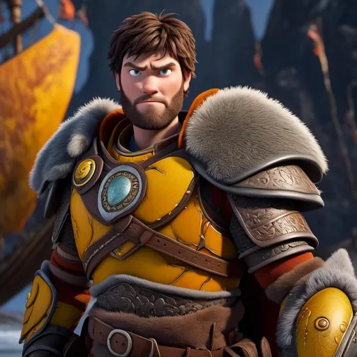 Prompt: <mymodel>Animated CGI style of a fierce Caucasian Viking with dark hair, intense gaze, realistic yellow armor with bursts of orange textures, high quality, CGI, realistic, intense gaze, viking, male, Caucasian, detailed facial features, fur textures, highres, professional, intense lighting