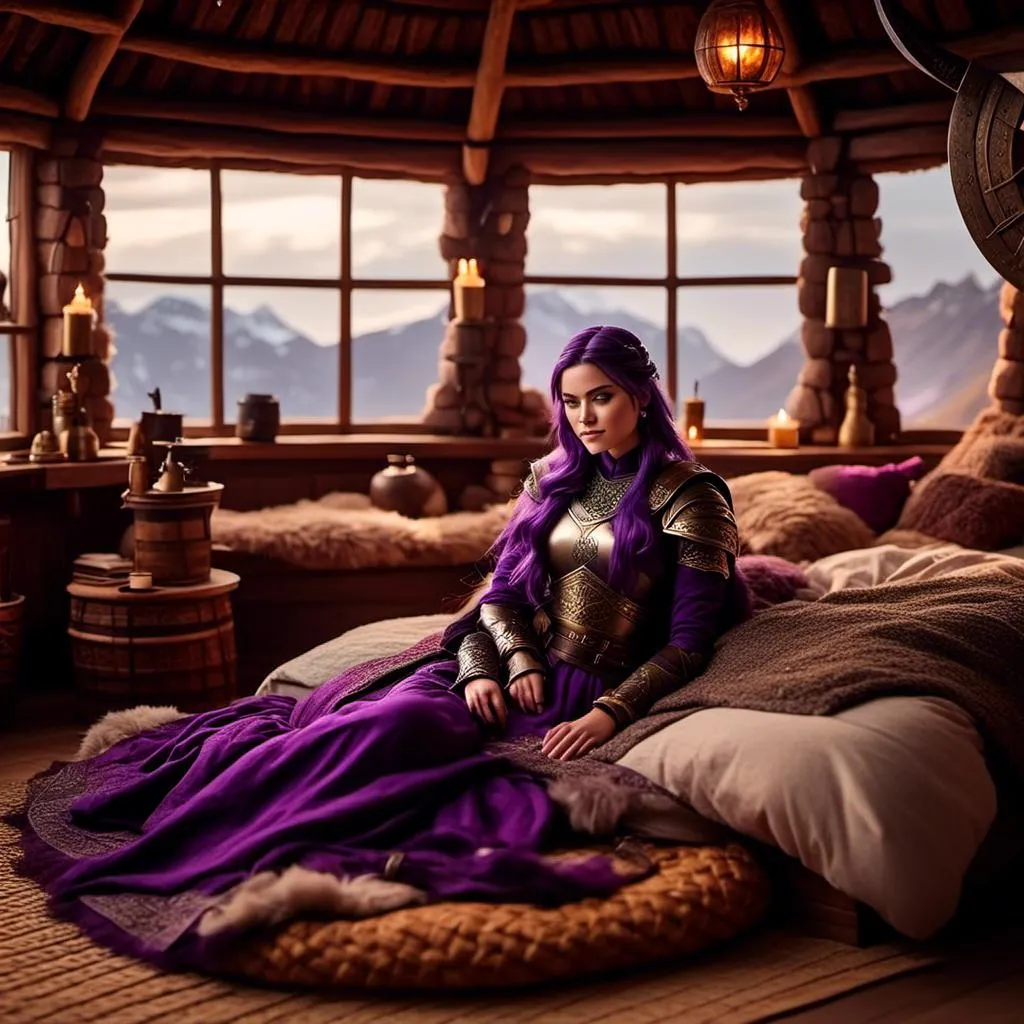 Prompt: Photo of <mymodel> lying down on her bed in her viking house