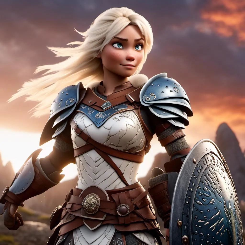 Prompt: <mymodel>Animated CGI style of a fierce Caucasian white Viking female about 25 years old, blond hair, detailed facial features, leather armor with intricate Nordic designs, battle axe and shield, intense and determined expression, dynamic and powerful pose, high definition, CGI, detailed armor, fierce female, Nordic designs, battle-ready, dynamic pose, professional lighting