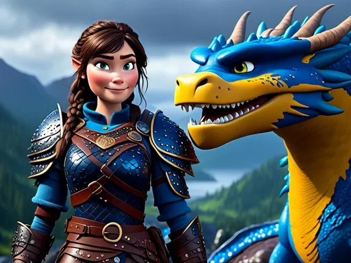 Prompt: <mymodel>CGi Animation, 20-year-old viking woman with blue eyes, a rainy scene, she is standing next to a bright blue dragon with gold highlights, they are both in the rain, the viking woman has a subtle smile, brunette hair in a two pony tail braids style, she has blue gear, gold armor, black pants, black boots