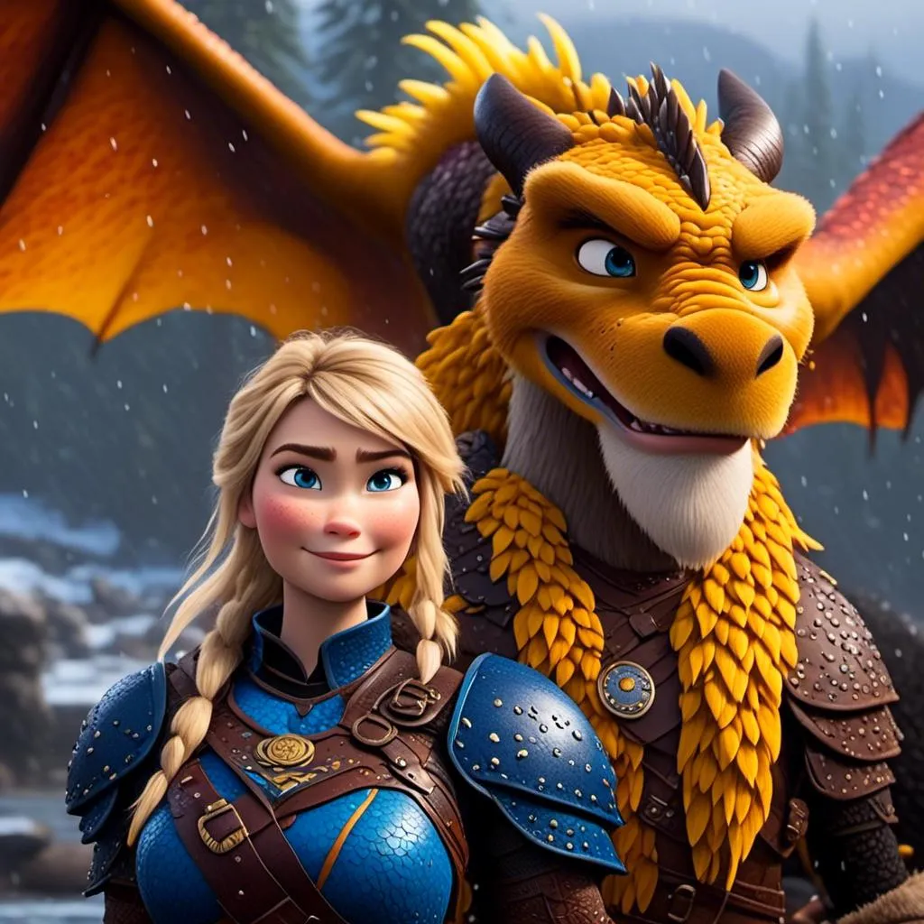 Prompt: <mymodel>CGi Animation, 20-year-old viking woman with blue eyes, a rainy scene, she is standing next to a bright blue dragon with gold highlights, they are both in the rain, the viking woman has a subtle smile, blonde hair in a pony tail style, she has blue gear, gold armor, black pants, black boots, unreal engine 8k octane, 3d lighting, full body, full armor