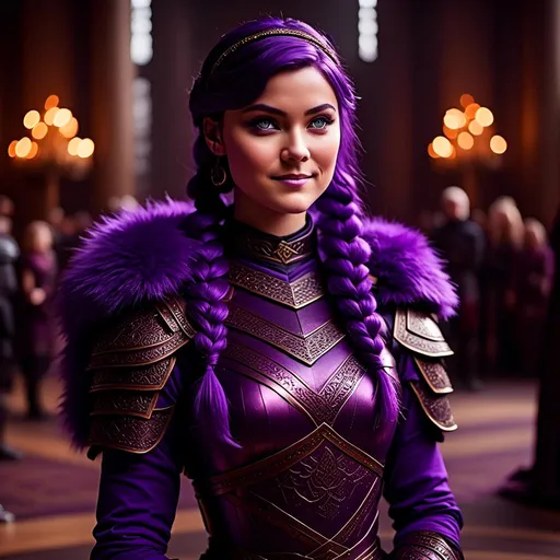 Prompt: A photo of <mymodel> with a heavy purple fur tunic in the The Great Hall from How to Train Your Dragon, ((she has a single hair braid down her shoulder))