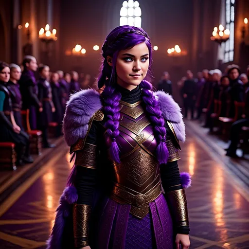 Prompt: A photo of <mymodel> with a heavy purple fur tunic in The Great Hall from How to Train Your Dragon, ((she has a single hair braid down her shoulder))