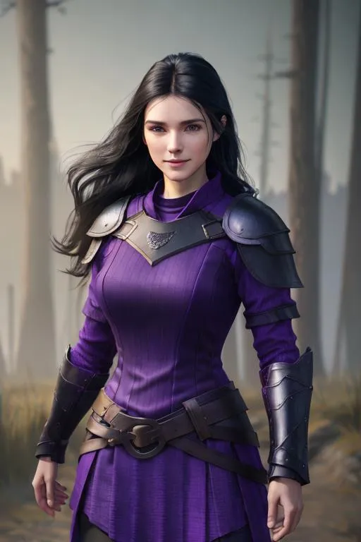 Prompt: Digital Art, 25-year-old viking woman, purple gear, purple clothes, subtle smile, black straight hair, dark purple eyes, a dark purple long-sleeve shirt, textured skirt down to knees, dark purple pants, dark purple armor, long black hair with volume, middle part in hair, leather boots, dark purple gear, unreal engine 64k octane, hdr, 3d lighting, full body, full armor