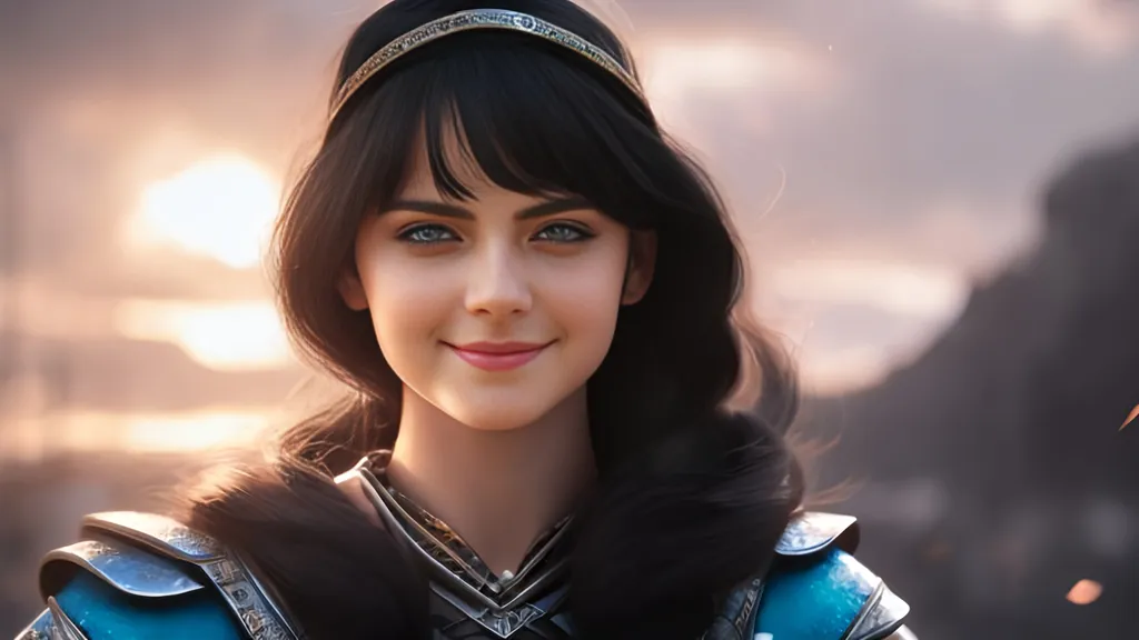 Prompt: she has black hair, create most beautiful fictional female viking warrior, hopeful smile, black hair, light blue eyes, extremely detailed environment, detailed background, intricate, detailed skin, professionally color graded, photorealism, 8k, moody lighting