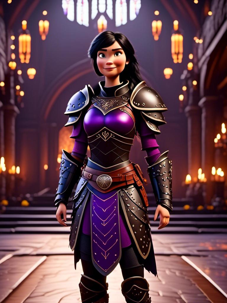 Prompt: <mymodel>CGI Animation, digital art, 20-year-old-old viking woman of royalty standing in The Great Hall on the Isle of Berk, {{black gear, purple armor}}, black hair, straight hair with a tiara, subtle smile, unreal engine 8k octane, 3d lighting, close up camera shot on the face, full armor