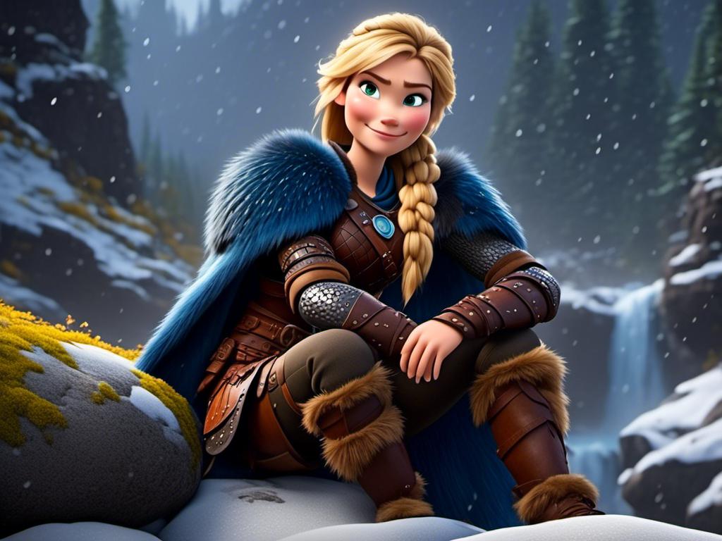 Prompt: <mymodel>CGi Animation, 20-year-old viking woman with blue eyes, ((she is wearing a tiara)), a rainy scene, she is sitting on a boulder in a forest, the viking woman has a subtle smile with it pouring down rain, blonde hair in a ponytail style, she has blue gear, gold armor, black pants, black boots