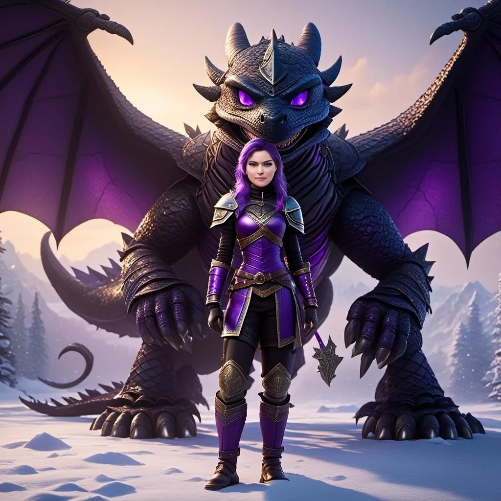 Prompt: Photo of <mymodel> standing next to her ((black)) razorwhip dragon from How to Train Your Dragon in the snow