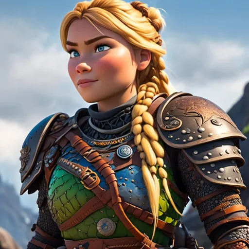 Prompt: <mymodel>CGI Animation of female viking, blonde hair with a single braid laying down her back, blue eyes, bright orange and green armor, yellow highlights dor gear and textures, full light body armor, standing in a viking village, intricate details, high quality, digital painting, cool tones, dramatic lighting