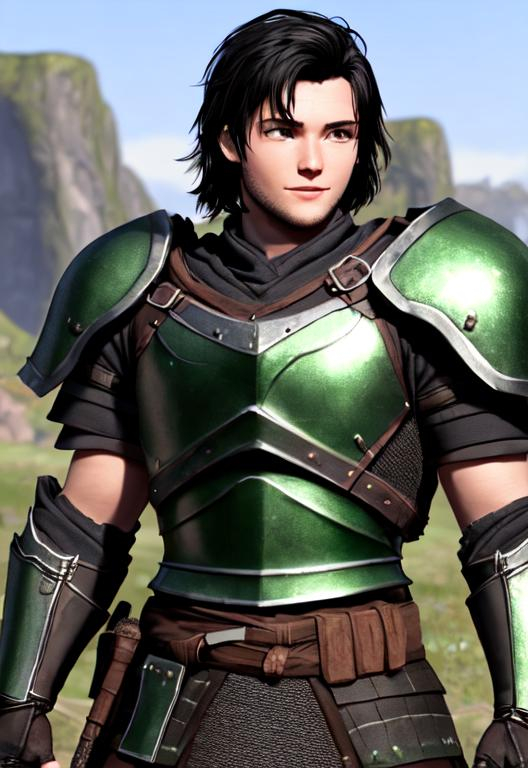 Prompt: Full character, kind of dorky, shy, Digital art, 22-year-old viking man, black hair. green armor. blue gear. medium-length black hair, subtle smile, short black stubble beard, hazel eyes, adventurer, blue sky background, unreal engine 8k octane, 3d lighting