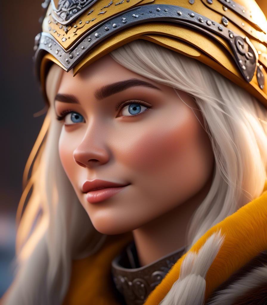 Prompt: <mymodel>CGI Animation, digital art, 20-year-old-old viking woman with light blue eyes, yellow clothes, gold colored armor, white hair, straight hair with a tiara and a mask on her eyes, subtle smile, unreal engine 8k octane, 3d lighting, close up camera shot on the face, full armor