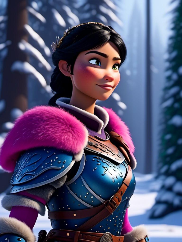 Prompt: <mymodel>CGI Animation, digital art, 20-year-old-old viking woman of royalty standing in the forest, a snowy scene, {{pink gear, blue armor}}, black hair, straight hair with a tiara, subtle smile, unreal engine 8k octane, 3d lighting, close up camera shot on the face, full armor