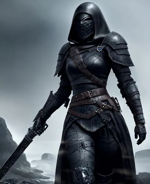 Prompt: Digital Art, a sinister viking woman, black armor, black gear, a black helmet fully covering her face, no face, no eyes, with a black ponytail coming from the helmet, a long black cloak, black bracers, black pants, black boots, unreal engine 8k octane, 3d lightning