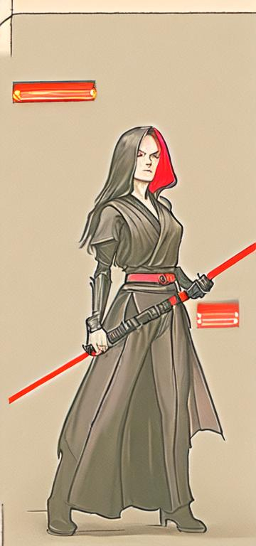 Prompt: A woman sith lord, black medium-length hair, black short sleeve shirt, black vest past waist, black belt, black pants, black boots, two lightsabers one red one light pink