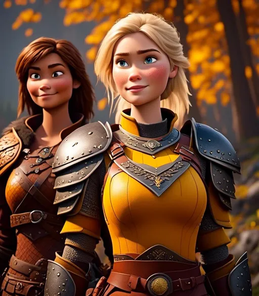 Prompt: <mymodel>CGI Animation, digital art, 20-year-old-old viking woman with light blue eyes standing with her brother and sister, yellow clothes, gold colored armor, blonde straight hair, subtle smile, unreal engine 8k octane, 3d lighting, close up camera shot on the face, full armor