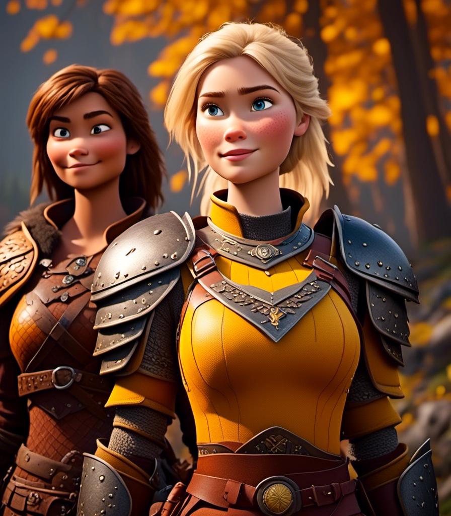 Prompt: <mymodel>CGI Animation, digital art, 20-year-old-old viking woman with light blue eyes standing with her brother and sister, yellow clothes, gold colored armor, blonde straight hair, subtle smile, unreal engine 8k octane, 3d lighting, close up camera shot on the face, full armor