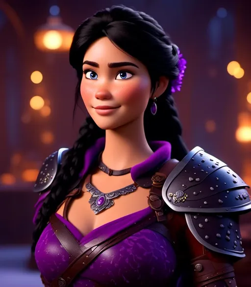 Prompt: <mymodel>CGI Animation, digital art, 20-year-old-old viking woman with light blue eyes, she is standing in her library, she is of royalty, {{black gear, purple armor}}, black hair with purple strands, single braid down her shoulder with a tiara, subtle smile, unreal engine 8k octane, 3d lighting, close up camera shot on the face, full armor