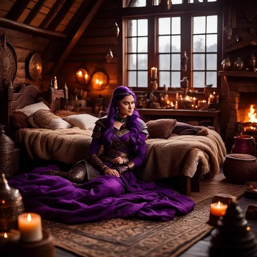 Prompt: Photo of <mymodel> lying on her bed in her viking house