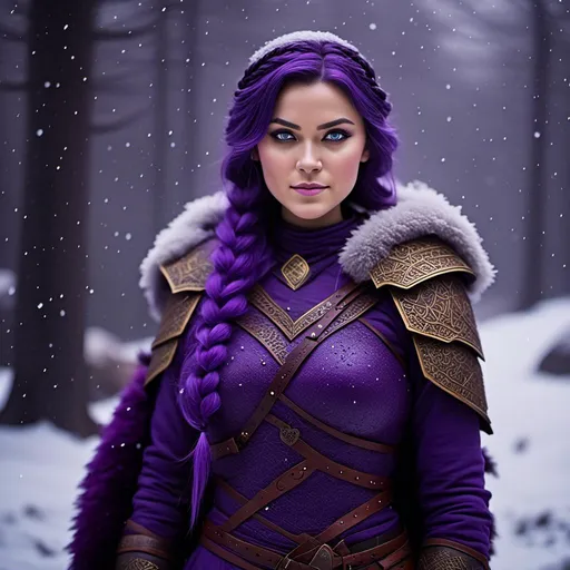 Prompt: Photo of <mymodel> she has a single braid down her shoulder with a heavy purple fur coat wearing a hood with a purple fur edge, she is in a viking village standing as snow falls