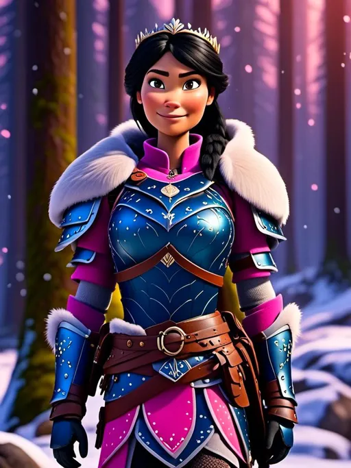 Prompt: <mymodel>CGI Animation, digital art, 20-year-old-old viking woman of royalty standing in the forest, a snowy scene, {{pink gear, blue armor}}, black hair, straight hair with a tiara, subtle smile, unreal engine 8k octane, 3d lighting, close up camera shot on the face, full armor