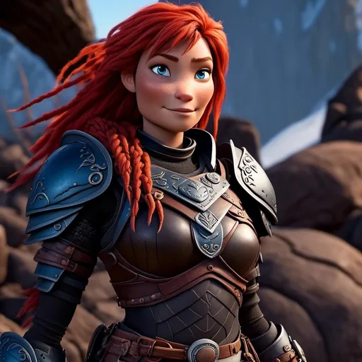 Prompt: <mymodel>CGI Animation of a viking woman of 40 years old, red hair with braids and dreadlocks, blue eyes, all black gear and armor, leather highlights and textures, dragon scale textures and armor, intricate details, high quality, digital painting, cool tones, dramatic lighting