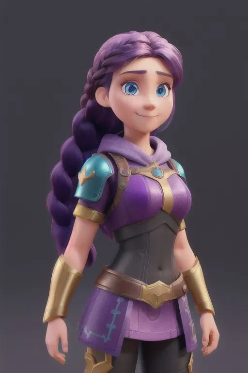 Prompt: Digital art, bright colors, subtle smile, 23-year-old woman viking, dark purple hair, one braid, light blue eyes, cut over left eye to on cheekbone, black gear, gold armor, unreal engine 8k octane, 3d lighting, full body, full armor