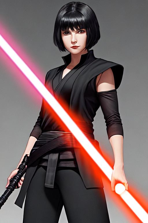 Prompt: A young woman Sith lord, with black short-length hair, a subtle smile, a black short sleeve shirt, a black vest past the waist, a black belt, black pants, black boots, two lightsabers one red and one light pink