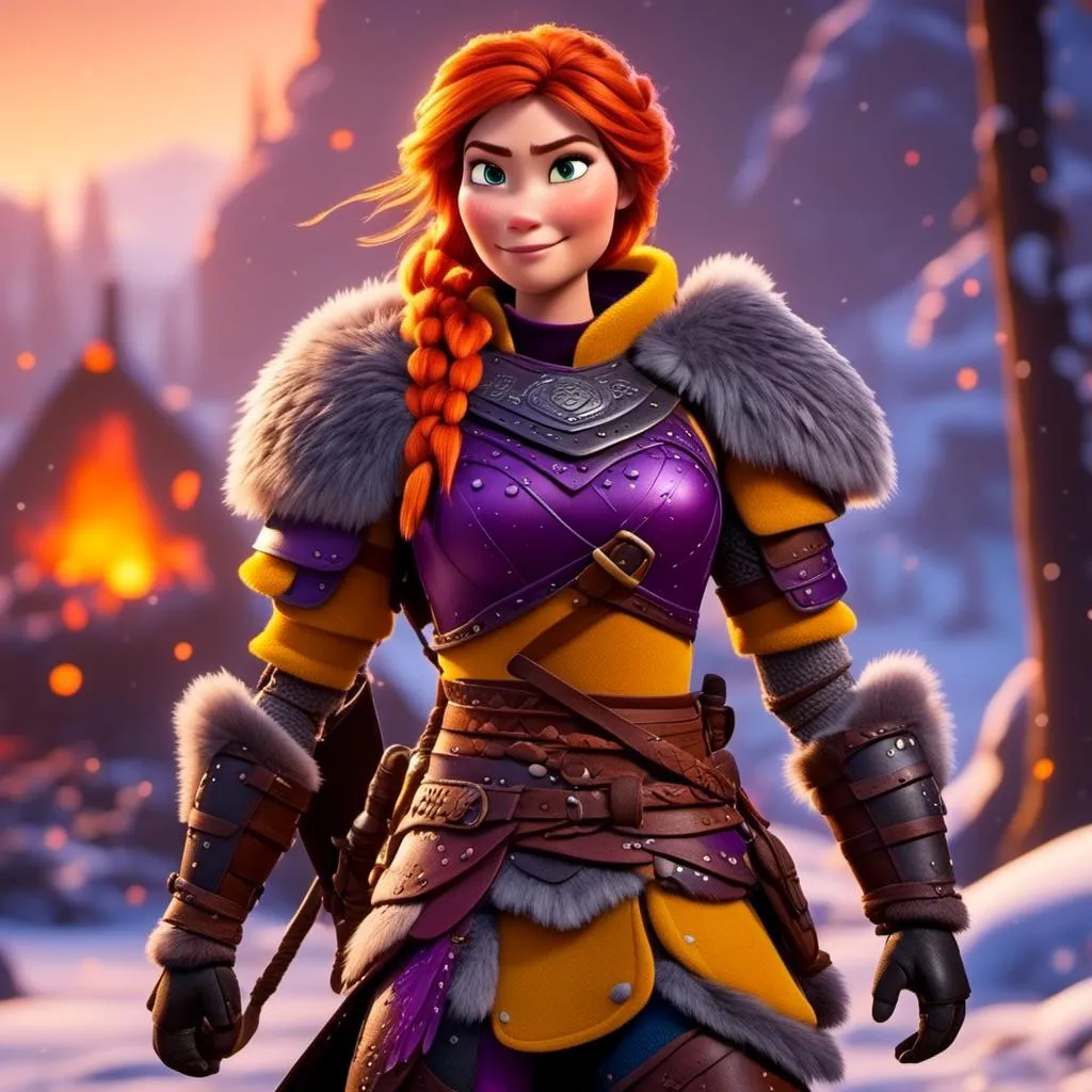 Prompt: <mymodel>CGi Animation, 25-year-old viking woman warrior with yellow eyes, a snowy scene, the viking woman has a subtle smile, hazel color hair, she has red gear, orange armor with bursts of purple textured splotches, black pants, black boots